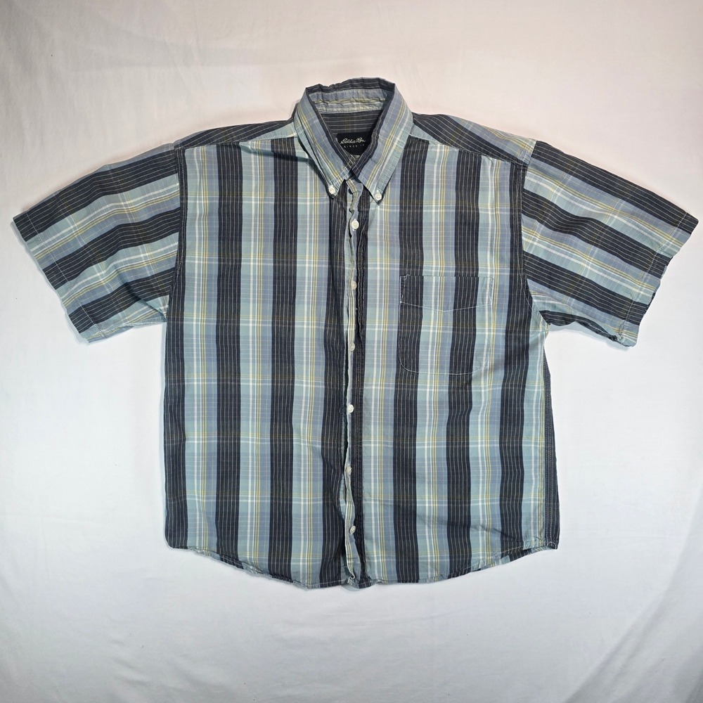 Eddie Bauer Mens Blue Striped Plaid Short Sleeve Button Down Shirt Size S 0844